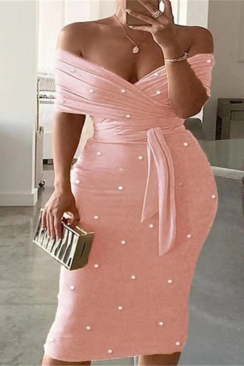 Women‘S Plus Size Pink Off The Shoulder Pearl Pleated Sash Belt Midi Dresses