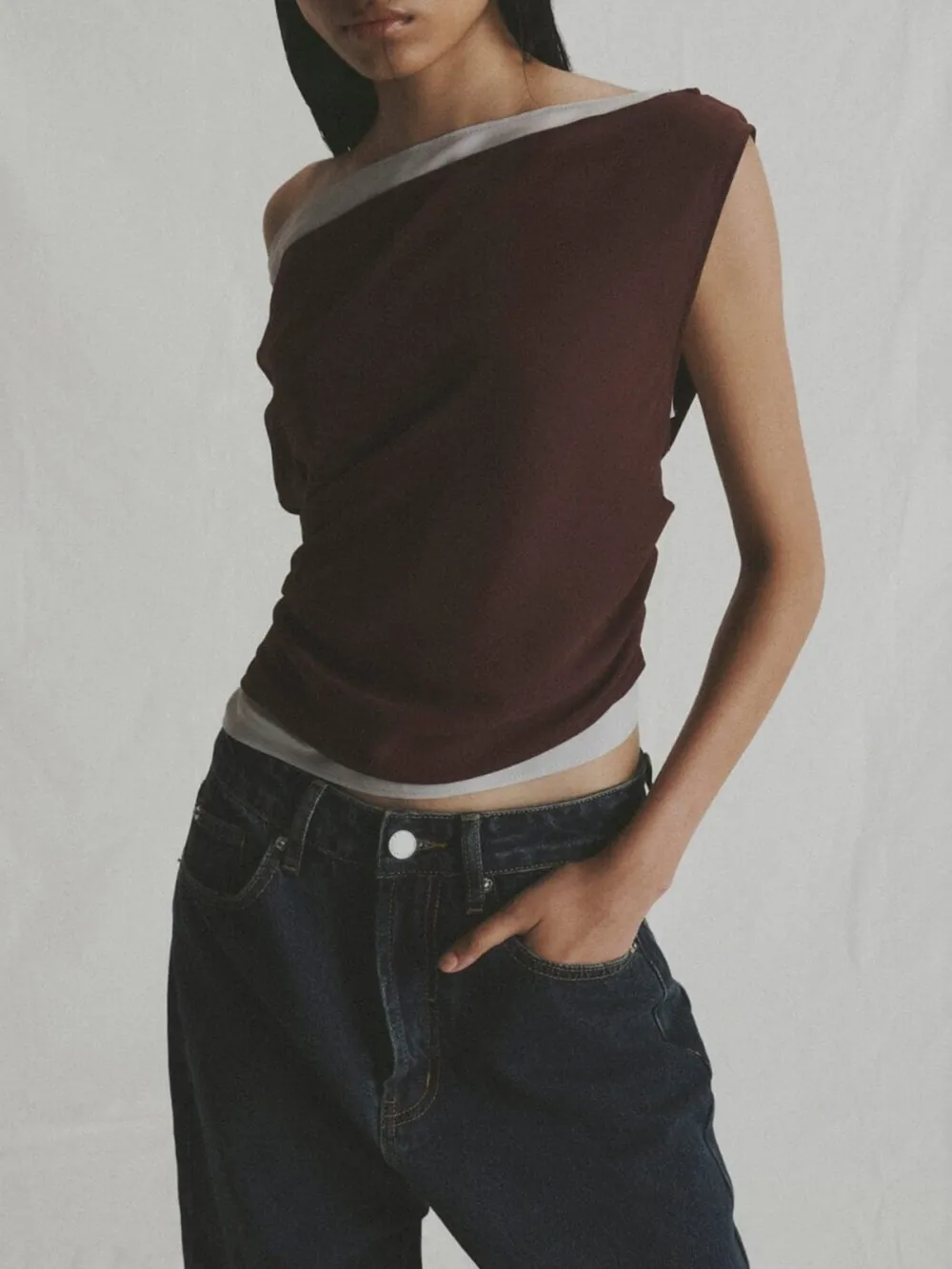 Contrast Asymmetrical Neck Top