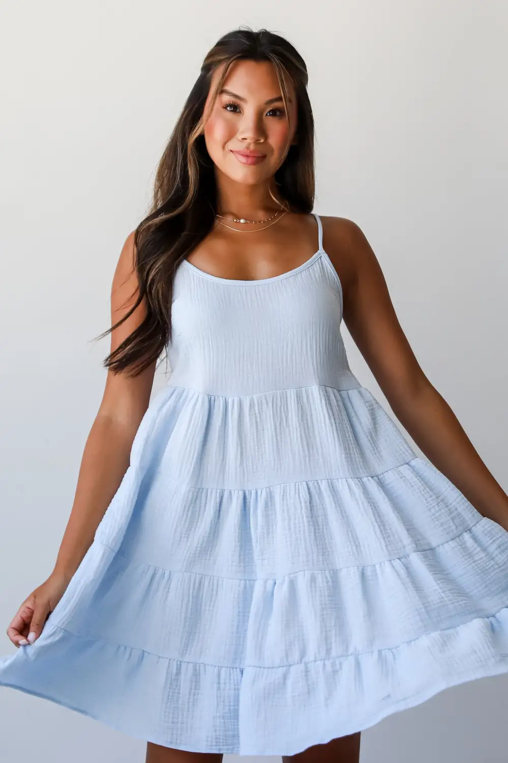 Sweetest Impact Light Blue Linen Tiered Mini Dress