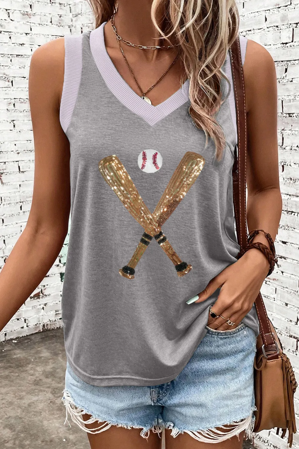 Sequined Baseball Bat Graphic Ribbed Trim Casual Tank Top