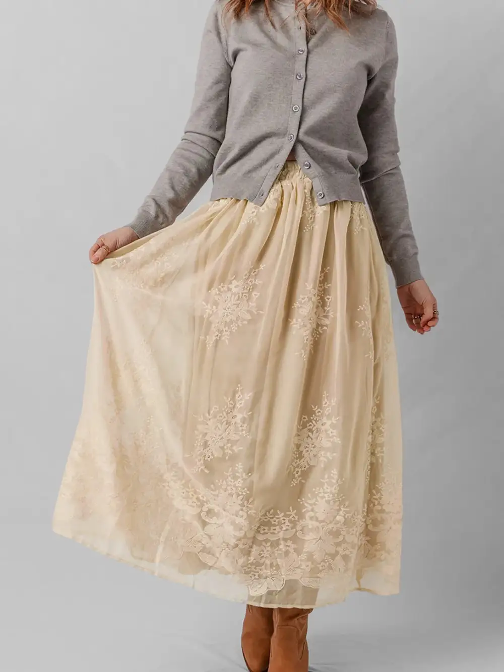 Mesh Embroidered Midi Skirt