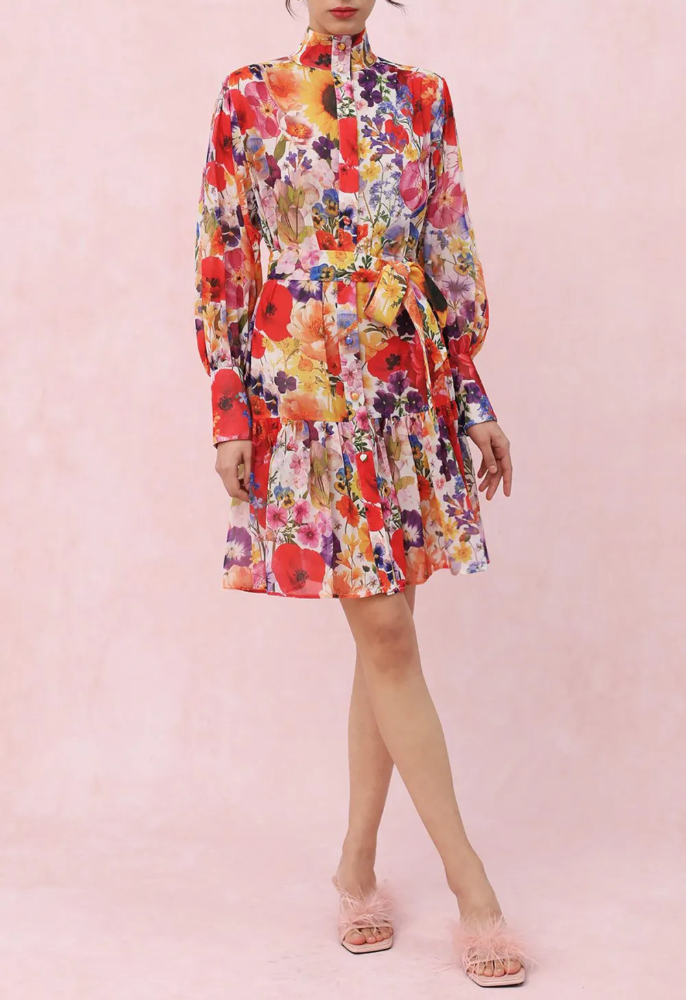 GARDEN SYMPHONY TIE WAIST CHIFFON DRESS