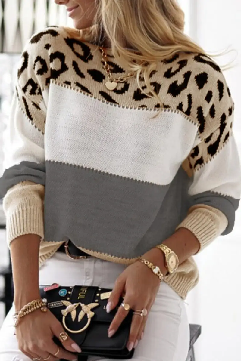 Antonia® | Casual leopard color block contrast O-neck sweaters