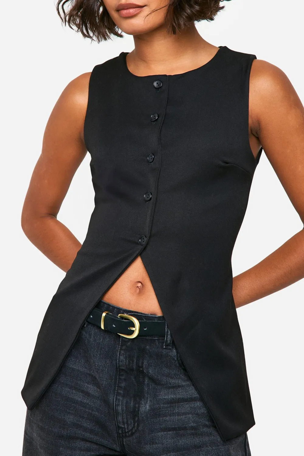 Long Round Neck Button Front Vest For Women