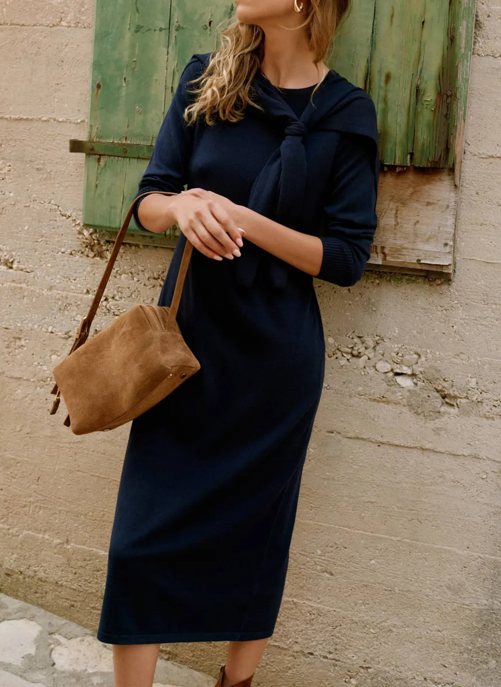 Casual Style Navy Knit Scarf Midi Dress