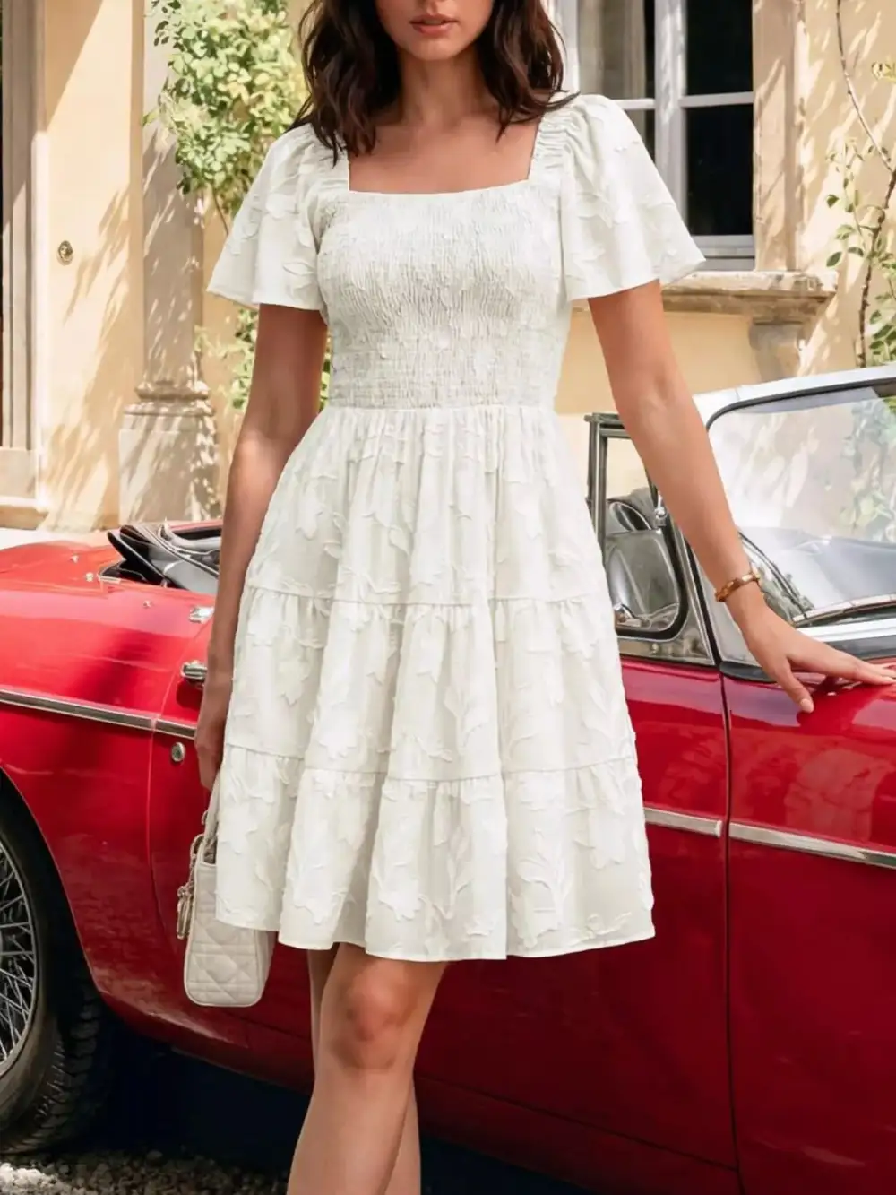 Square Neck Tiered Smocked Mini Dress
