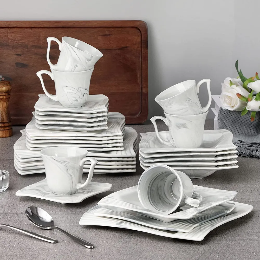 MALACASA Dish Set for 12, 60 Piece Marble Grey Square Dinnerware Sets, Porcelain Dinner Set with Plates and Bowls Sets, Cups and Saucers, Dishware Sets Kitchen Dishes Microwave Safe, Series Blance