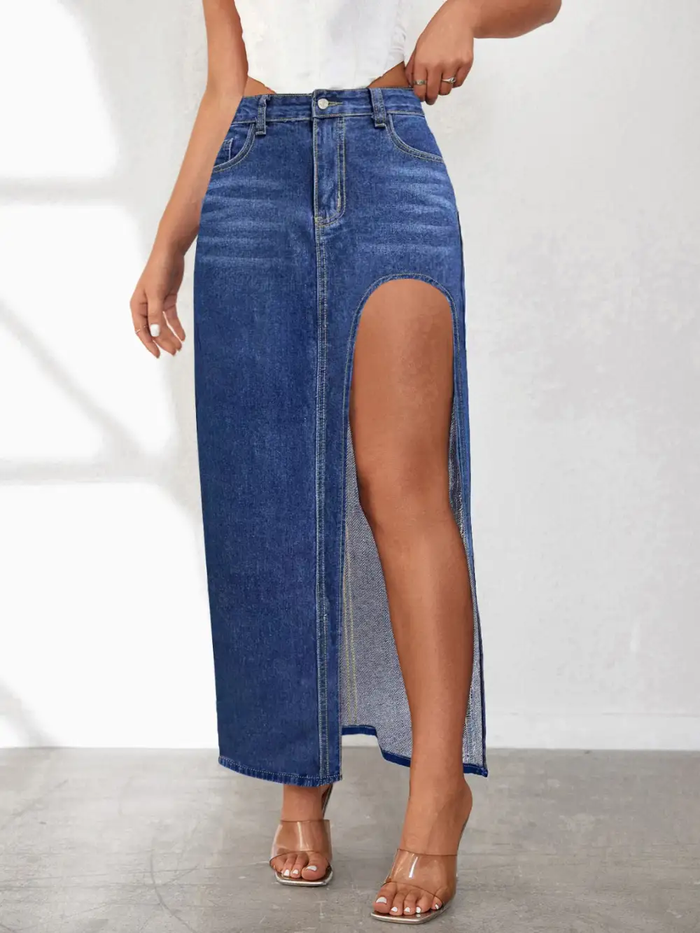 High Waist Slit Denim Skirt