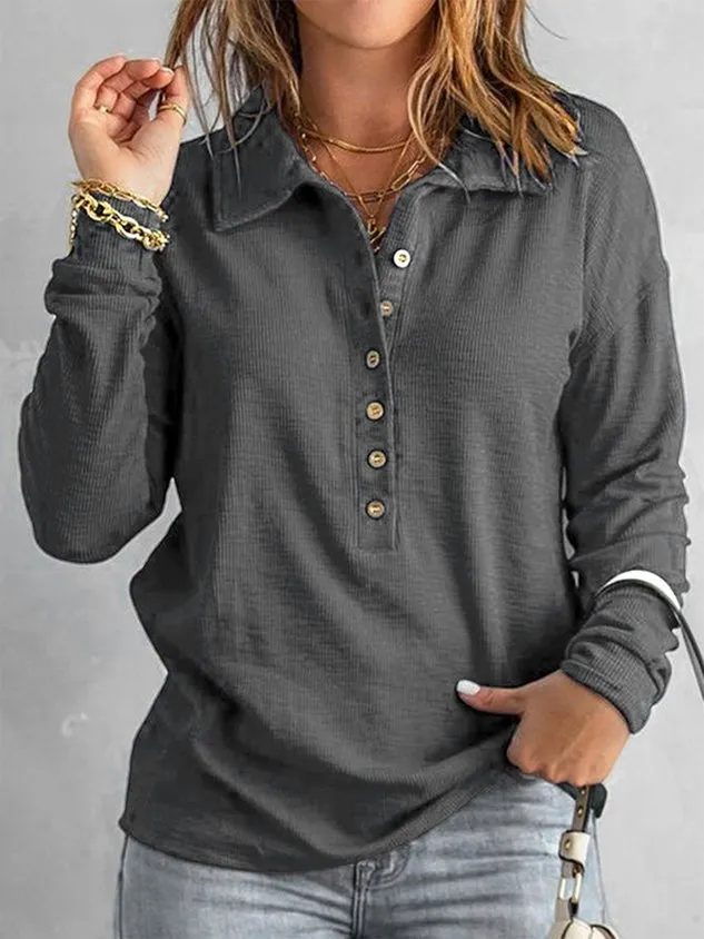 Navy Button Front Long Sleeve Henley Top