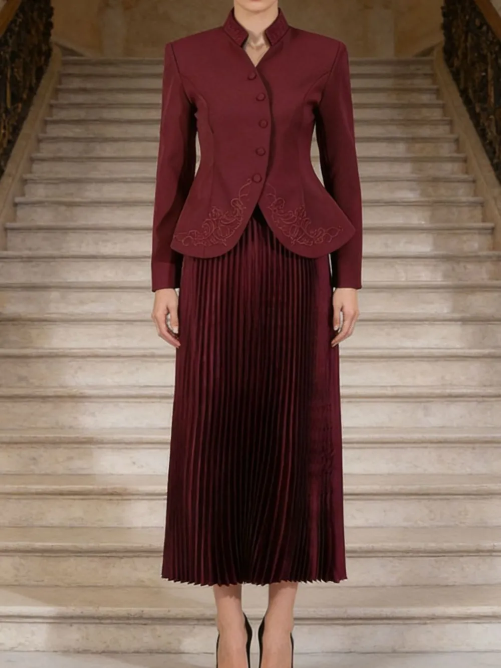 Draped Button Front Long Sleeve Coordinated Set