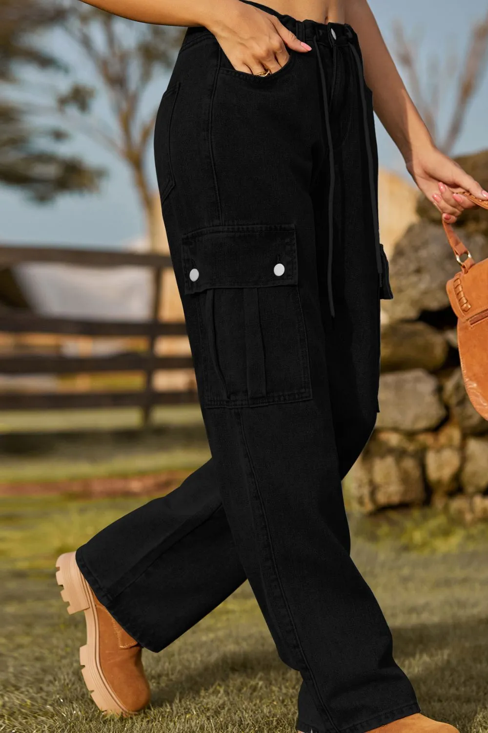 Loose Fit Drawstring Jeans With Pocket