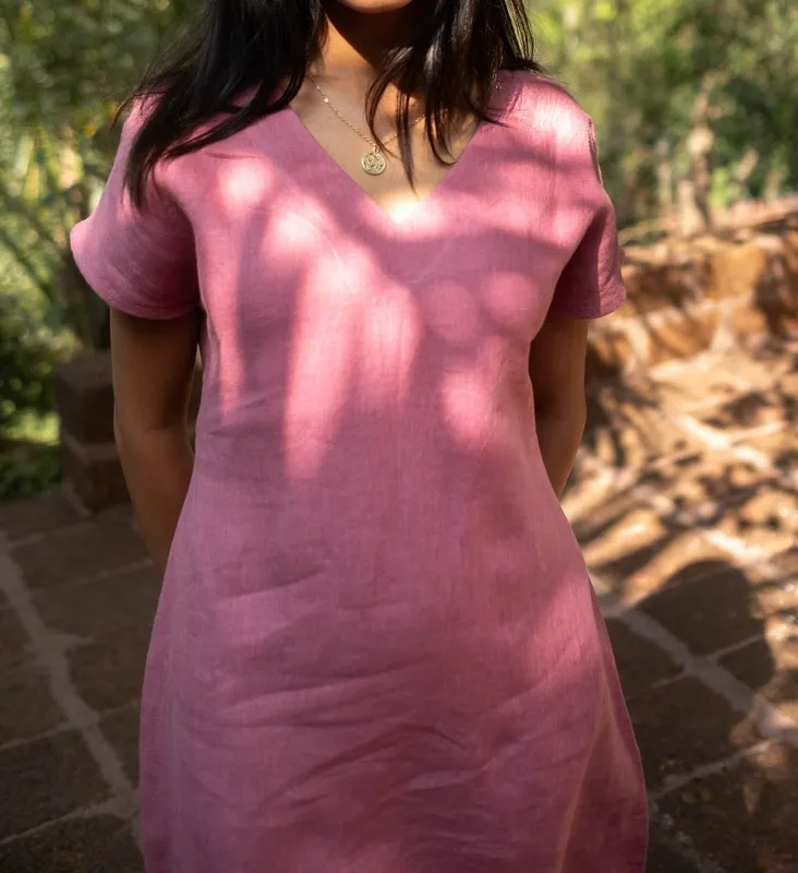 Dusty Pink Linen V-Neck Shift Dress