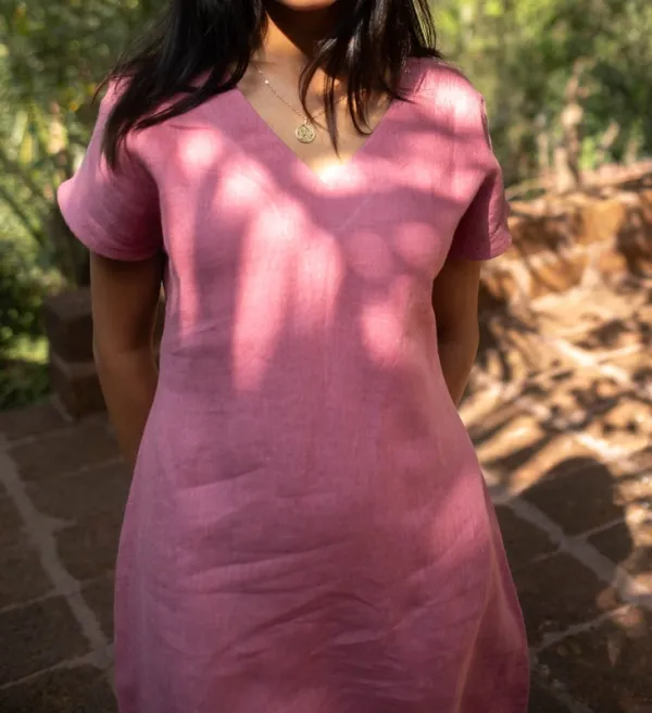 Dusty Pink Linen V-Neck Shift Dress