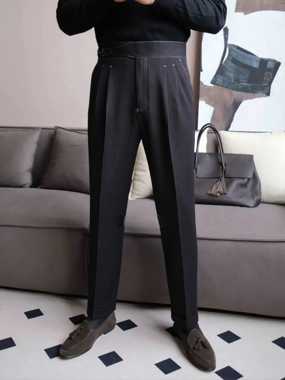 Double Pleat Denim Trousers