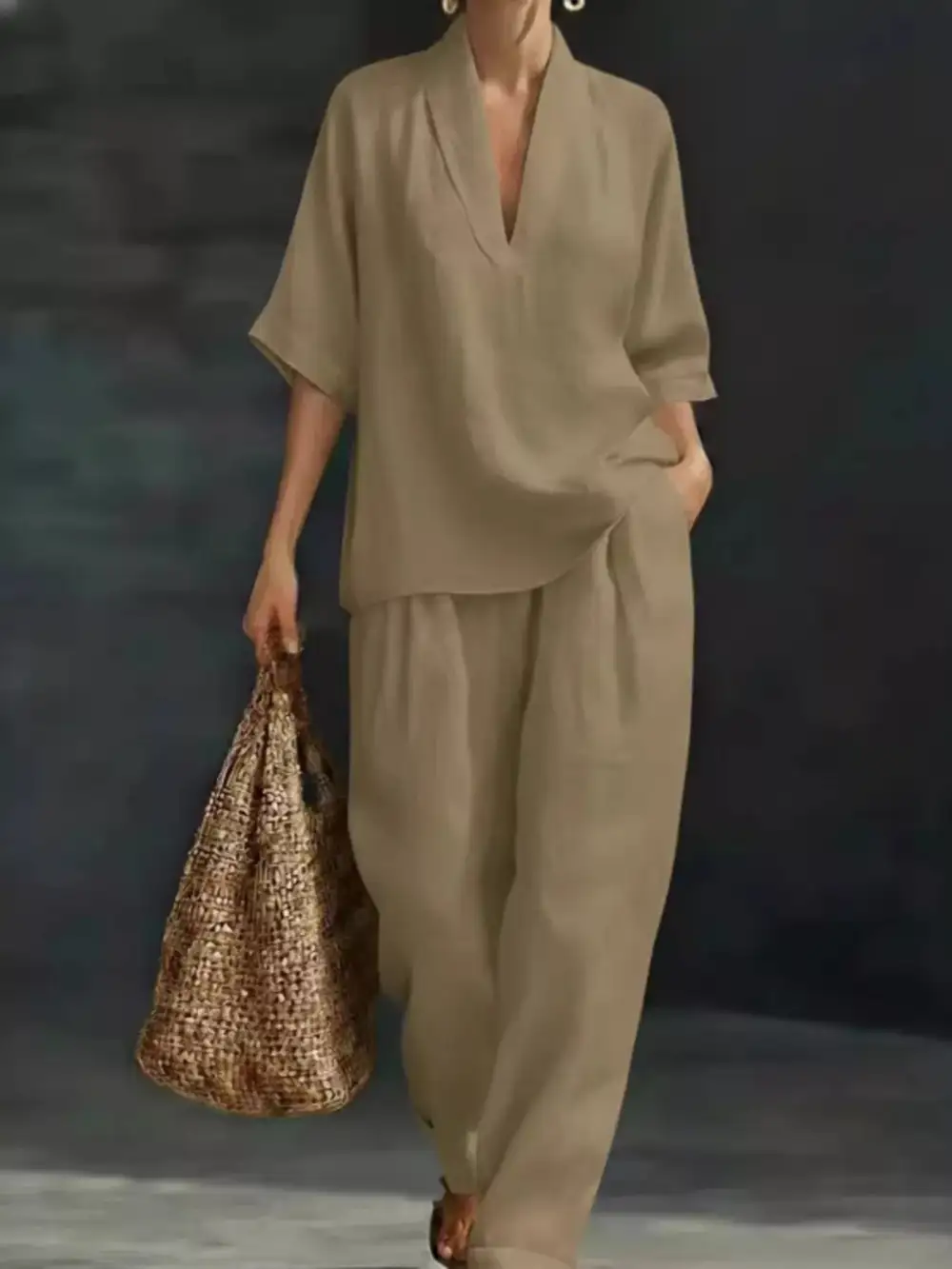 Relaxed Half Sleeve Top and Wide Leg Pants Set