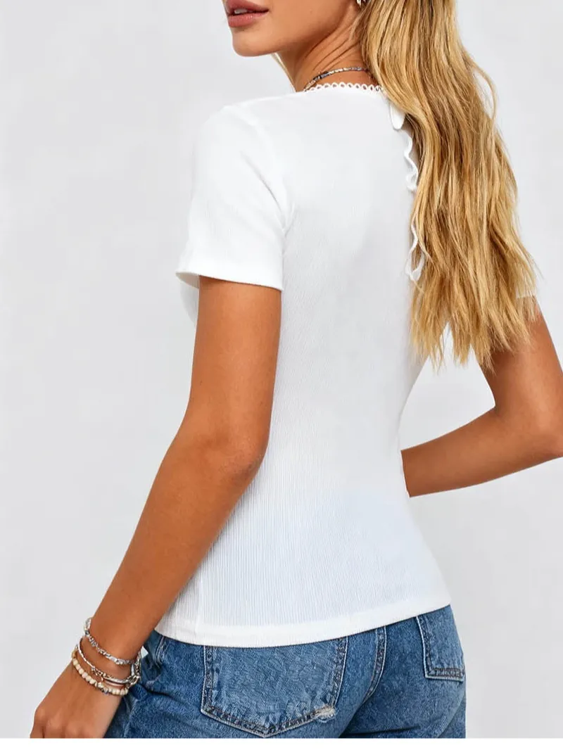 Chic Square Neck Lace Trim Short Sleeves Top