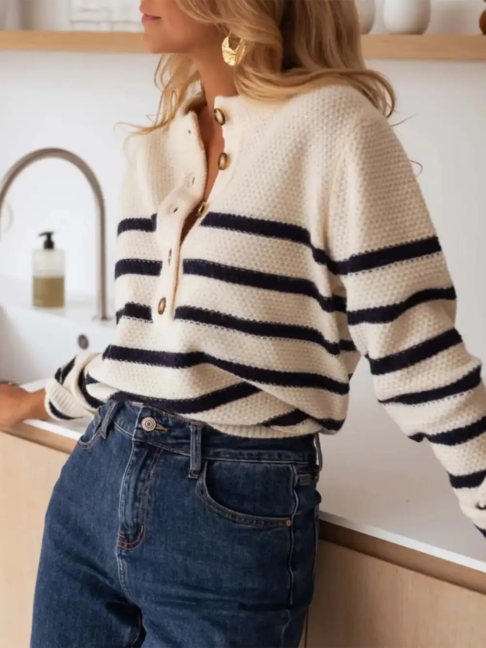 Button Front Stripe Sweater