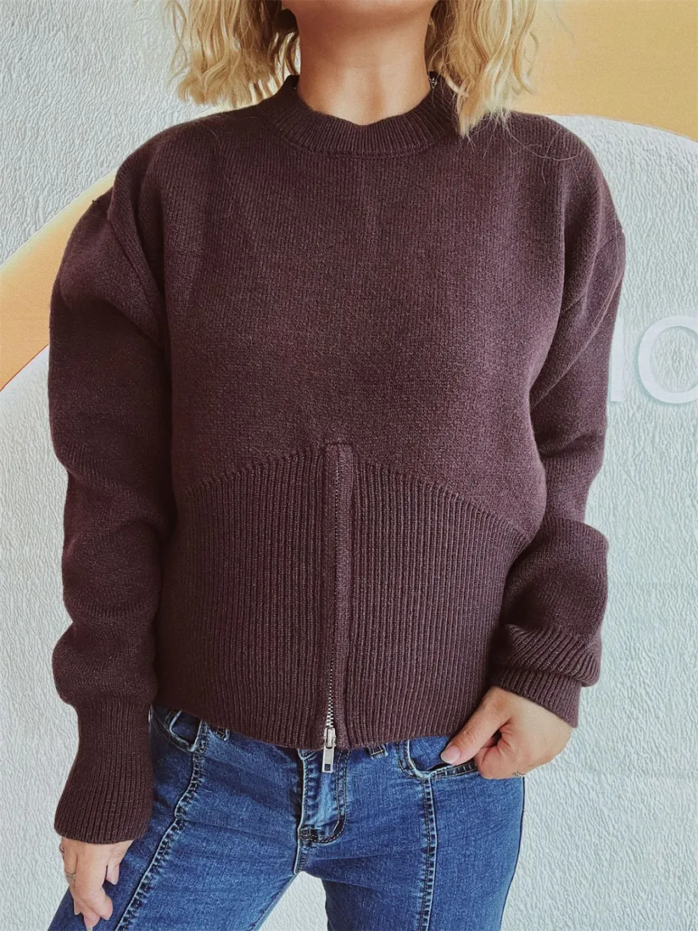 Round Neck Half Zip Long Sleeve Sweater -Ships 10/11