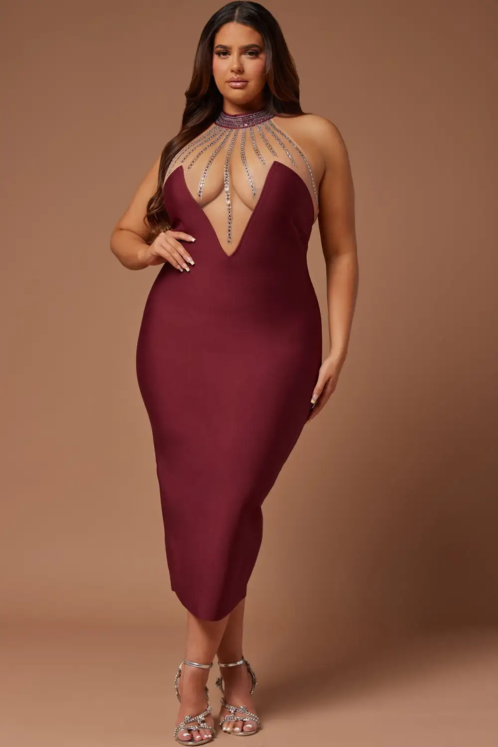 Lina Embellished Bandage Midi Dress - Burgundy