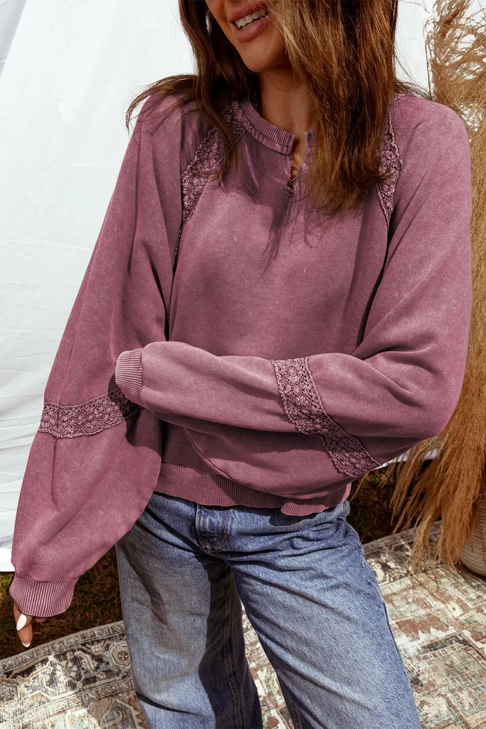 Relaxed Patchwork Mineral Wash Lace Detail Sweatshirt