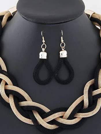 Handwoven Twist Metal Thick Chain Vintage Necklace Earrings Set