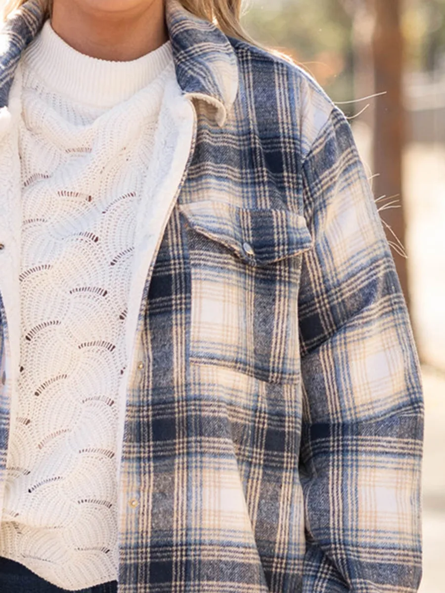 Blue Plaid Pattern Pocket Loose Plush Jacket
