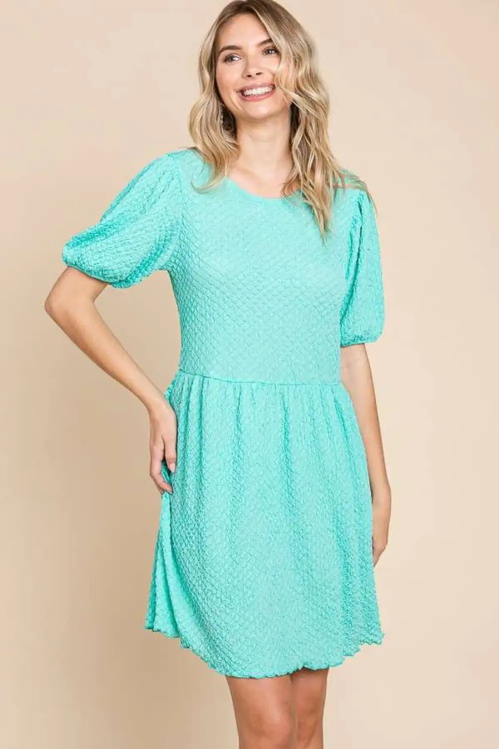 Culture Code Full Size Textured Round Neck Puff Sleeve Dress