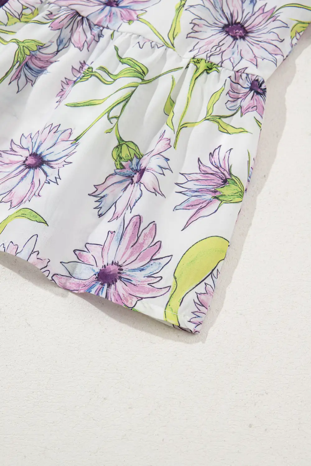 Purple Floral Print Striped Detail Split Neck Flounce Short Sleeve Peplum Blouse