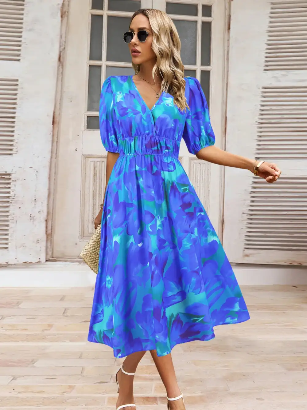 Boho Chic  Ruched Printed Surplice Short Sleeve Dress