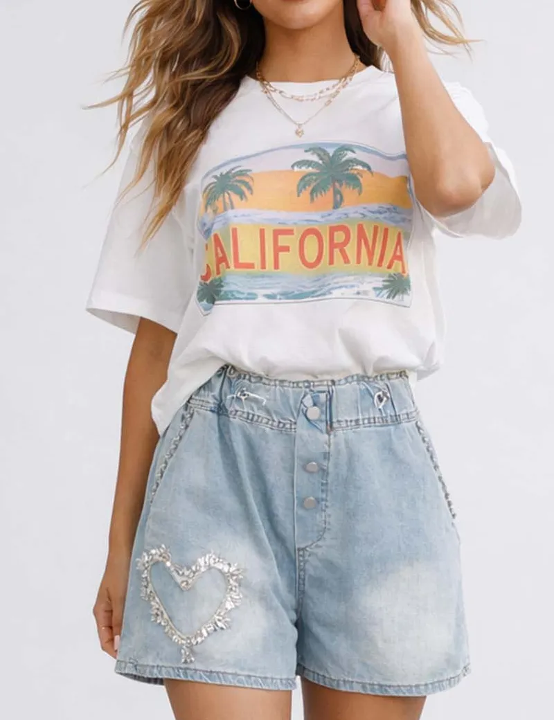 Rhinestone Heart Wide Leg Drawstring Denim Shorts