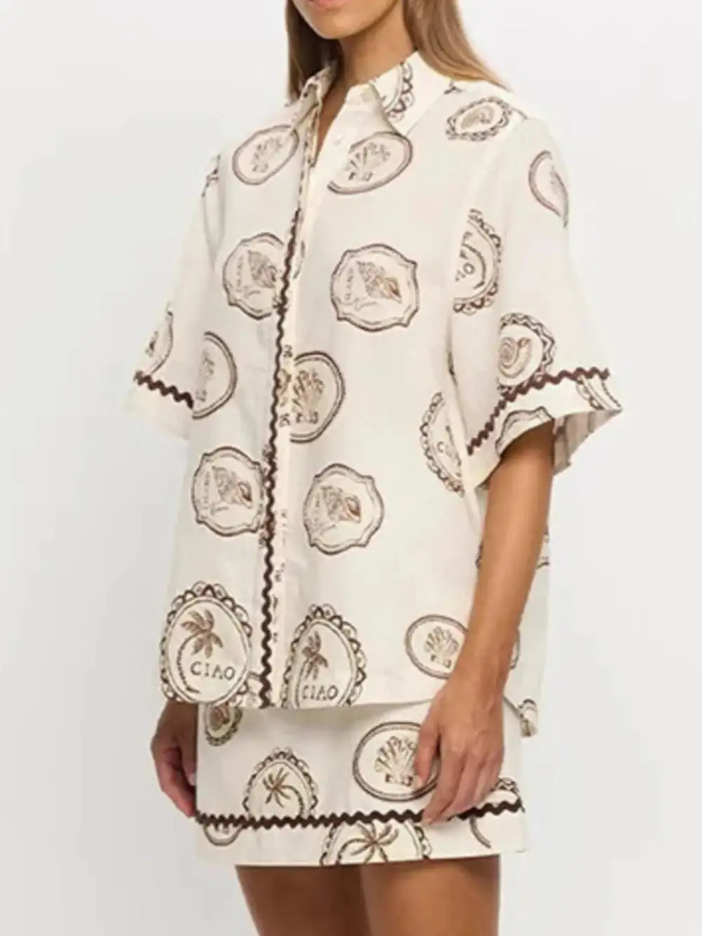 Fluid Button Front Printed Detail Coordinated Set