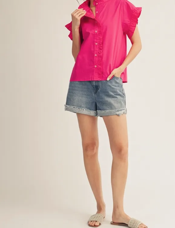 Button Front Down Ruffle Top