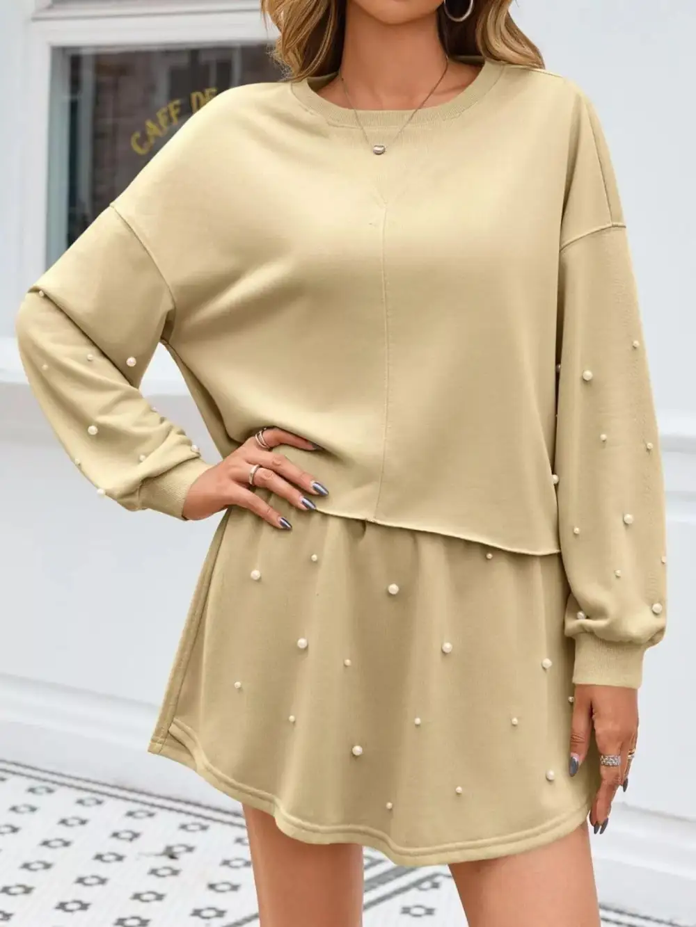 Pearl Embellished Round Neck Top and Skort Set