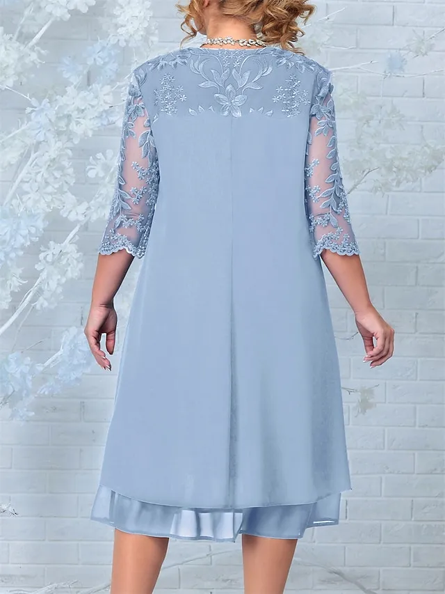 Women's Plus Size Curve Party Dress Lace Dress Cocktail Dress Midi Dress Pink Dark Blue Light Blue 3/4 Length Sleeve Floral Lace Spring Fall Winter Crew Neck Fashion Birthday Wedding Guest