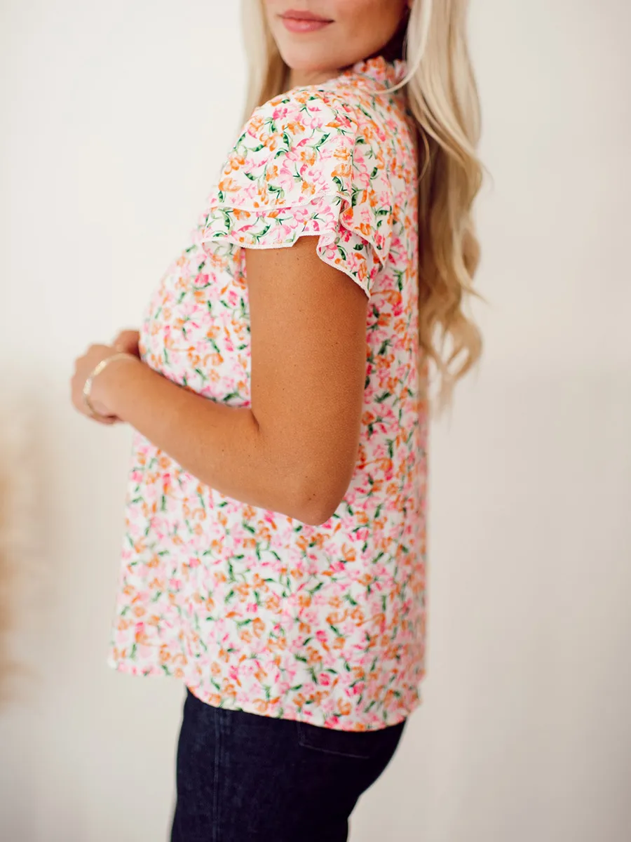 Flower pattern tie up layered short sleeved top