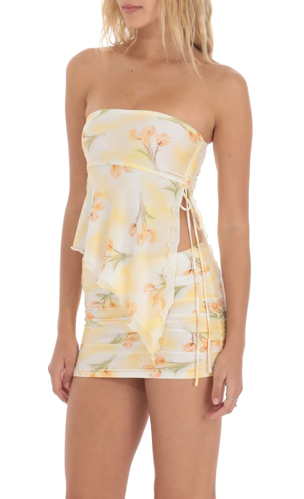 Tulip Mesh Strapless Two Piece Set in White and Yellow