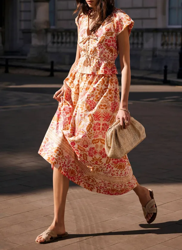Casual Style Orange Floral Print Midi Skirt