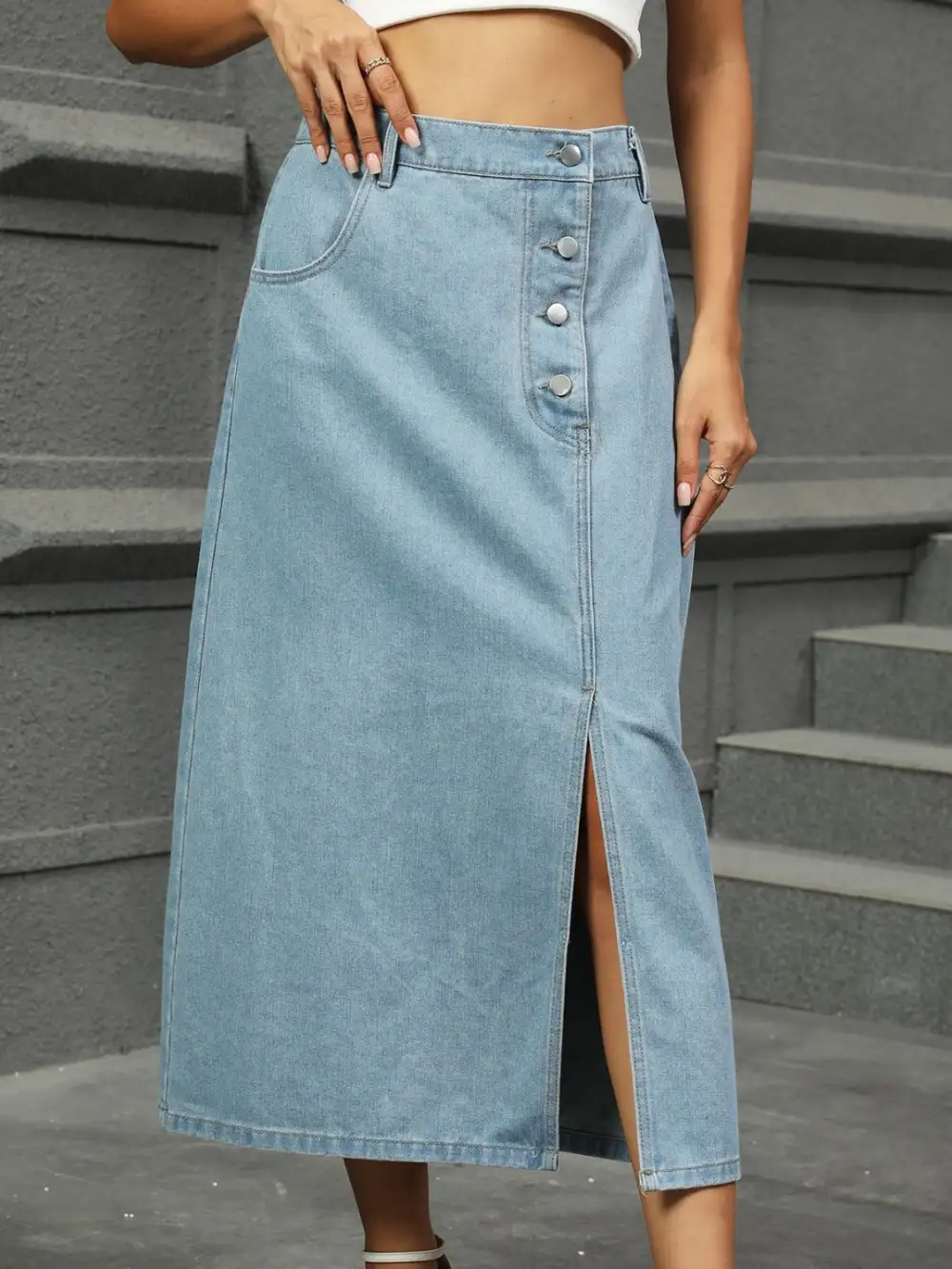 Slit Button Detail Denim Skirt