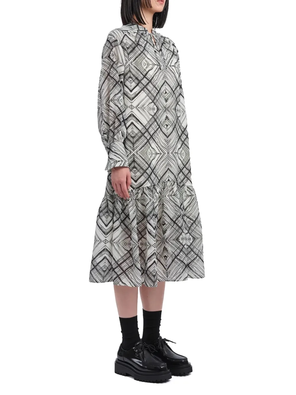 Geometric Pattern Long - Sleeve Midi Dress