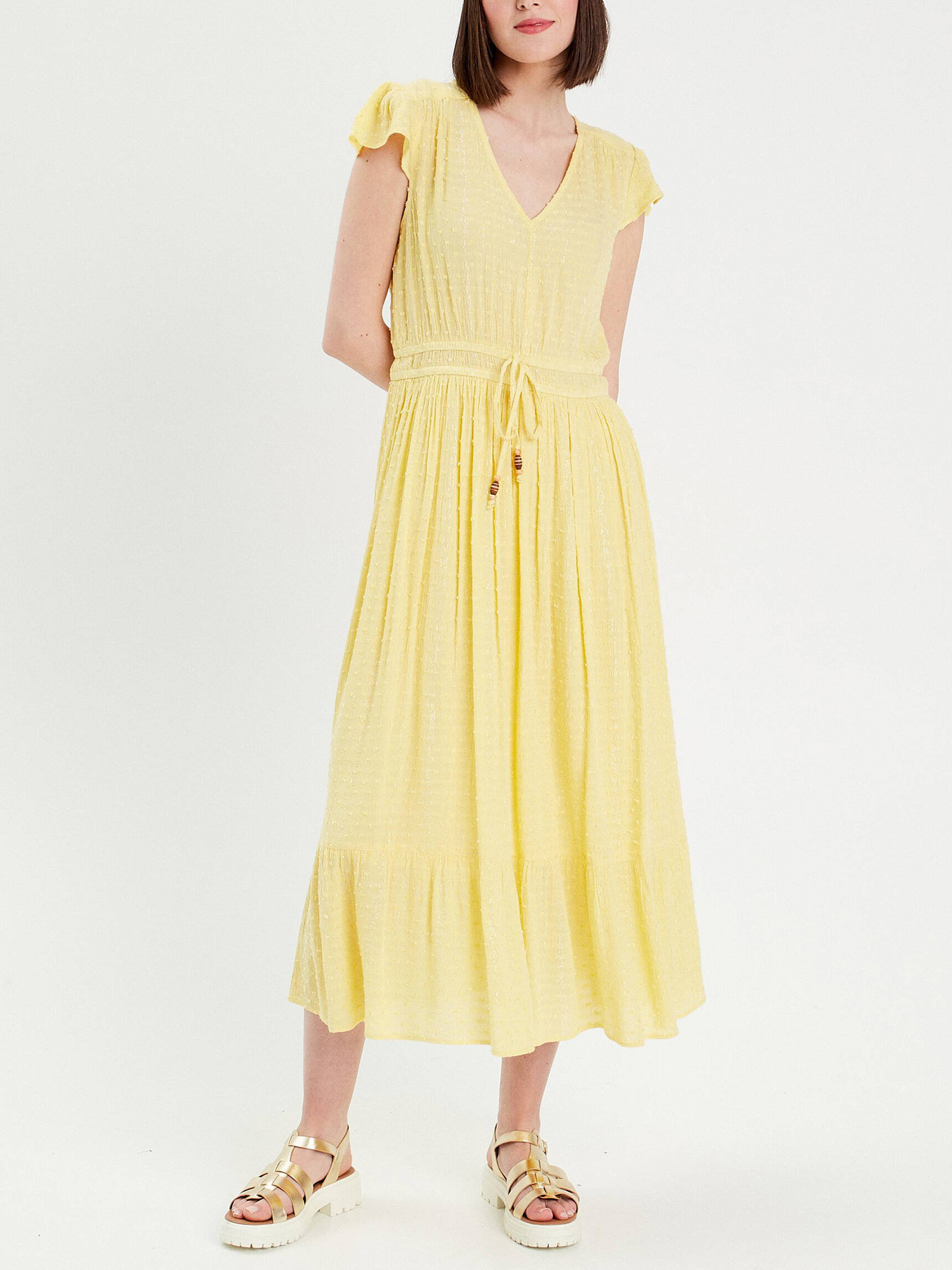 Robe longue évasée col en V jaune clair femme