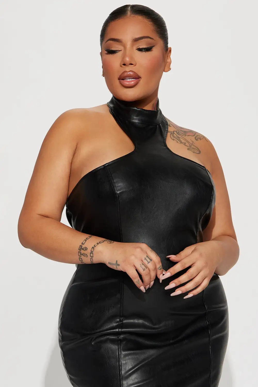 The Countermove Halter Faux Leather Midi Dress - Black
