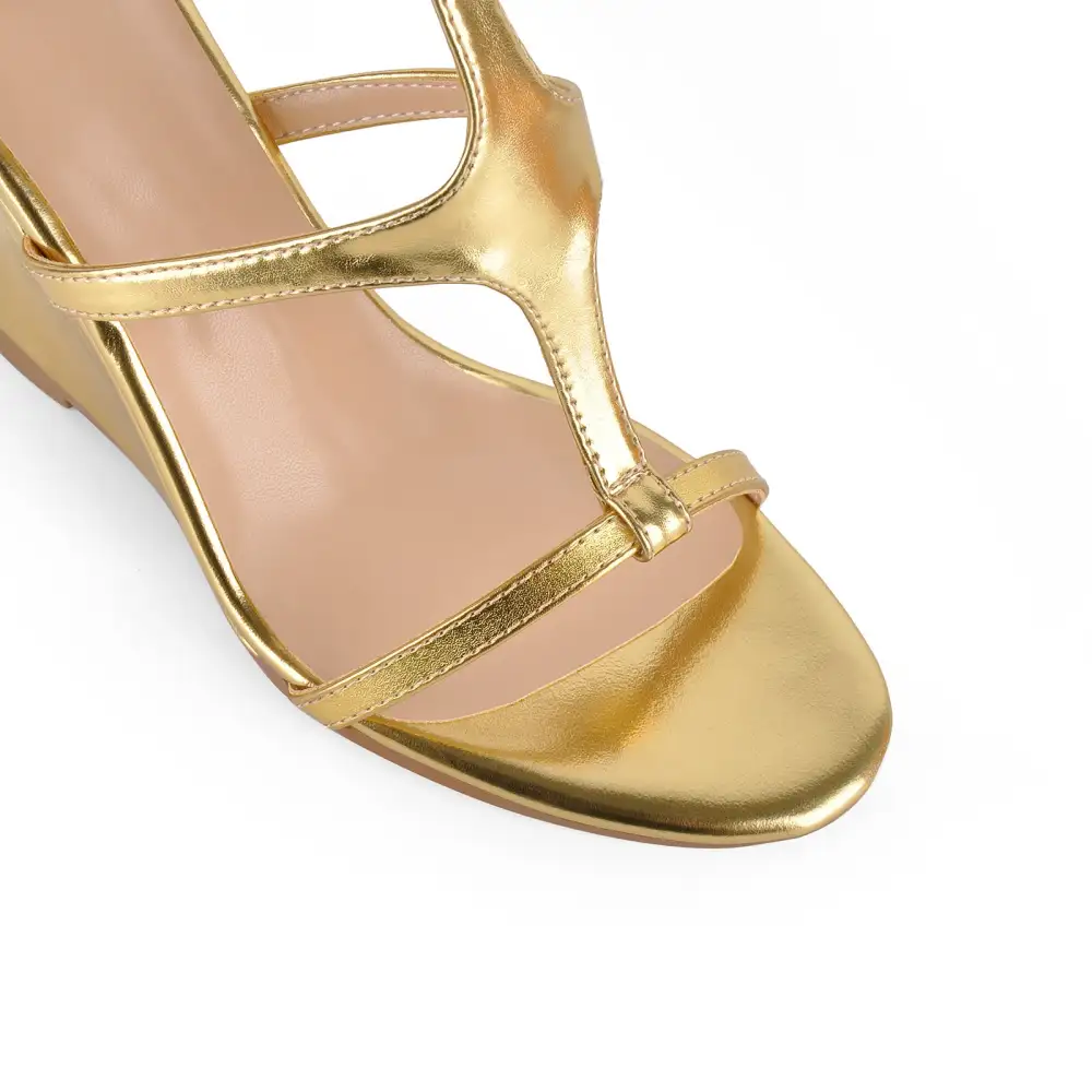 Round Toe Multi Buckles T-Strap Wedge Heel Sandals