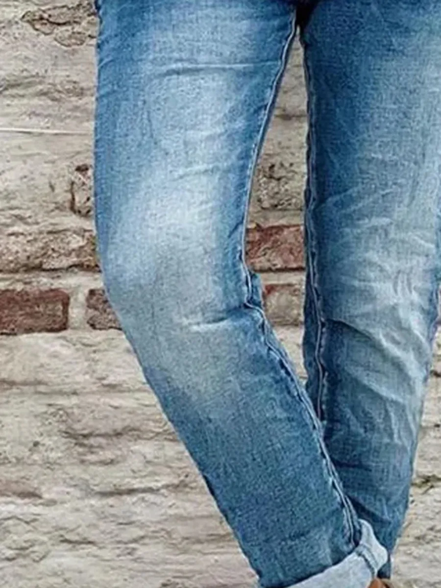 Blue denim minimalist solid color pocket jeans