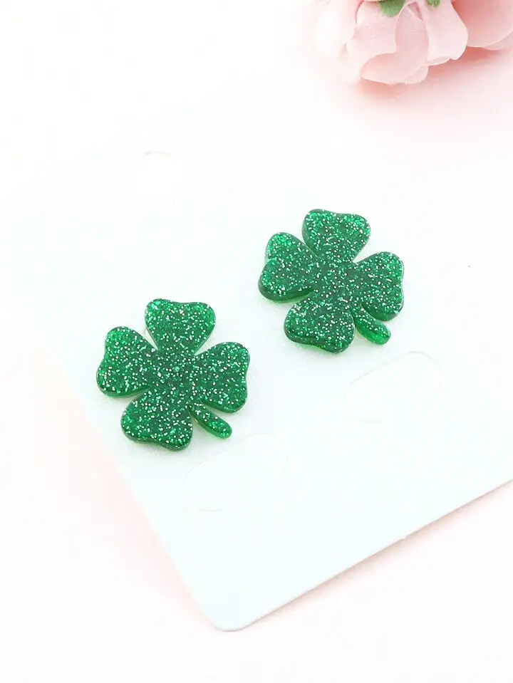 Glitter Acrylic St Patties Day Clover Earrings
