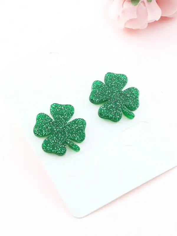 Glitter Acrylic St Patties Day Clover Earrings