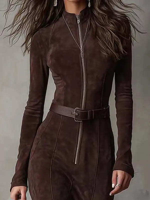 Zip Front Slit Long Sleeve Dress Casual