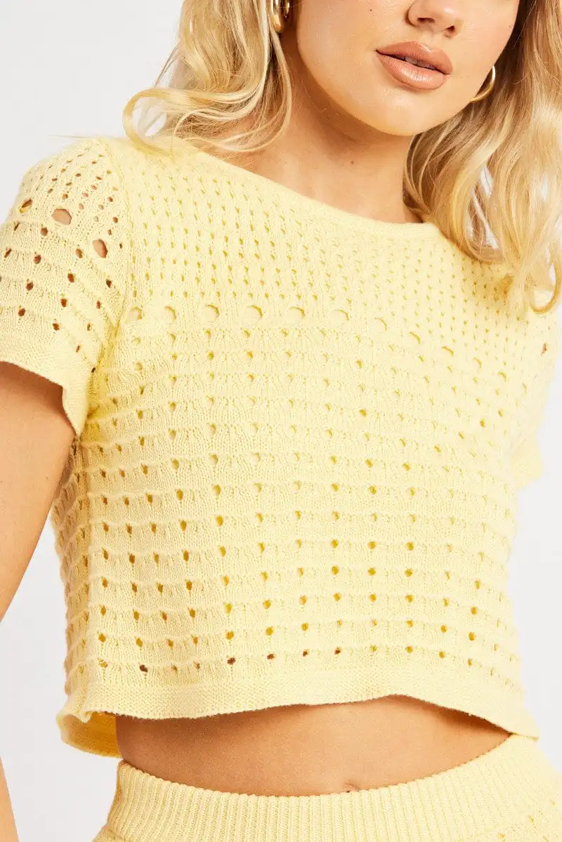 Yellow Knit Top Short Sleeve Crew Neck