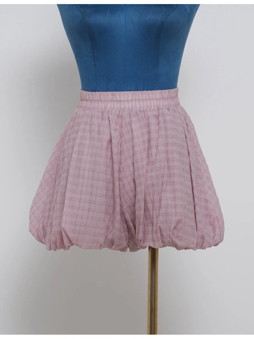 Puff Hem Checked Pattern Elastic Waist Balloon Shorts