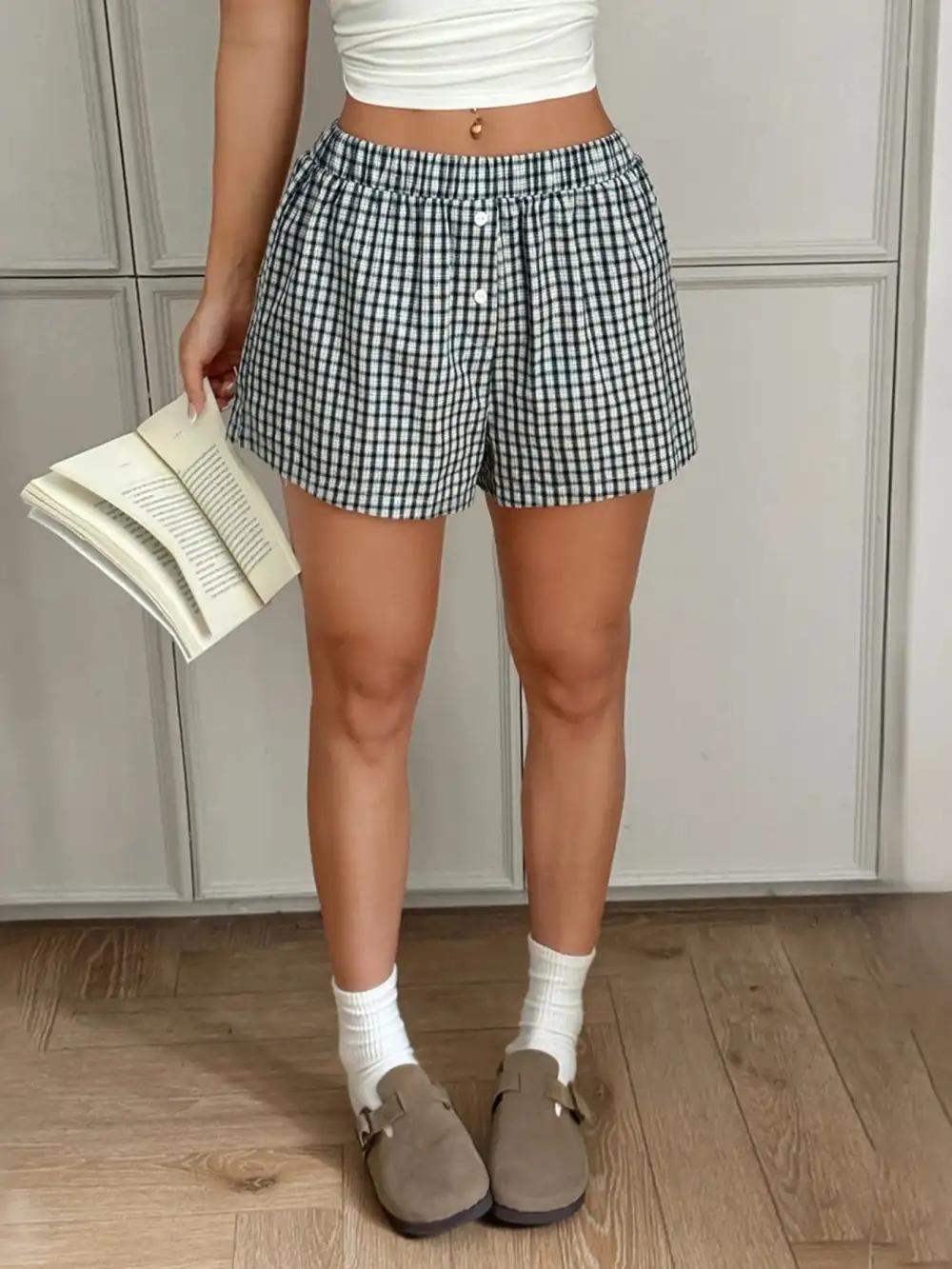 Gingham Mini Shorts with Elastic Waistband