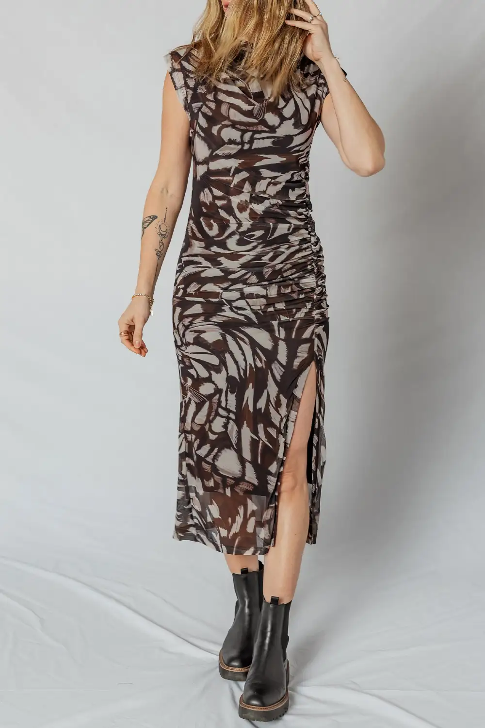 Abstract Print Cap Sleeve Cowl Neck Side Slit Mesh Midi Dress